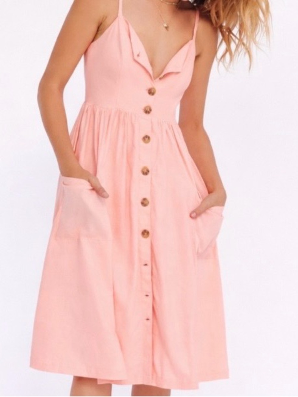 cooporative peachy button up linen/rayon midi dress / size large
